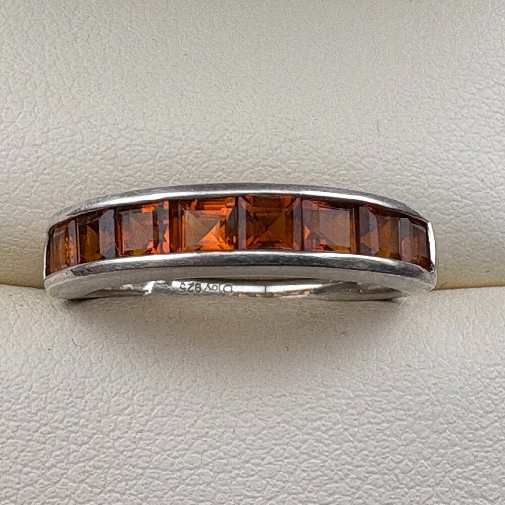 D'Joy Sterling Silver .925 Orange 9 Garnet Ring Size 6 Bezel Channel Set - 2.3gm